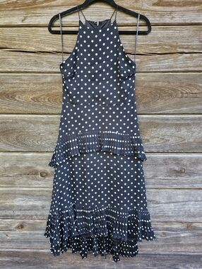 Lulus Black Polka Dot Ruffle Midi Dress  Halter Neck, Feminine & Flowy Size S